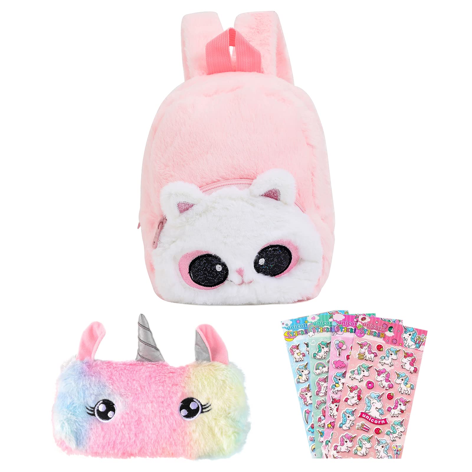 Home XoneFluffy Unicorn Backpack Set - Rainbow Cat Style Plush Bag with Matching Purse, with Bonus Stickers Soft Toy - Perfect Stylish School Supplies for Girls and Kids Great Dream Gift