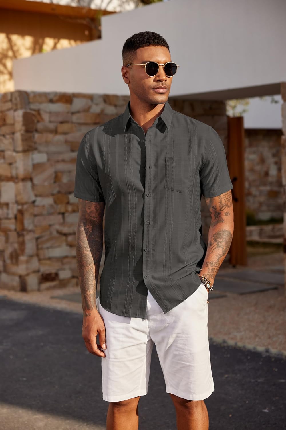 COOFANDY Men's Casual Button Down Shirts Short Sleeve Textured Shirt Summer Beach Shirts with Pocket - Image 3