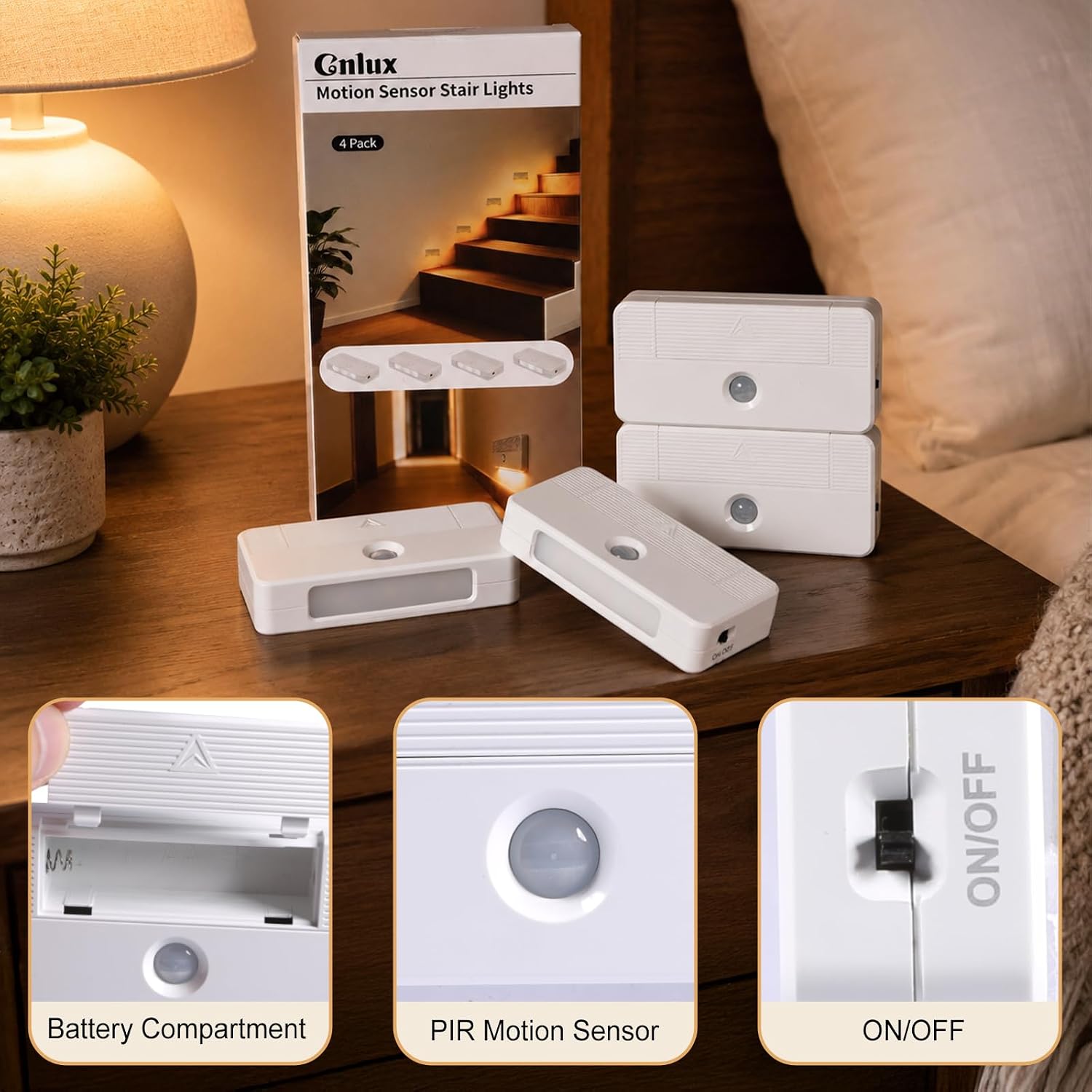 Motion Sensor Stair Lights Indoor 4 Pack, Wireless PIR Step Lights | Warm White, Battery Operated, PIR Motion Auto, Stick On LED Night Lights for Stairway, Hallway, Closet, Under Cabinet Kitchen