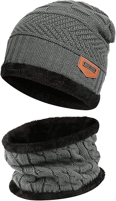 Bequemer Laden Children Winter Hat Scarf Set Warm Knitted Hat Beanie Hat Tube Scarf with Fleece Lining for Children Boys Girls, Two Pieces