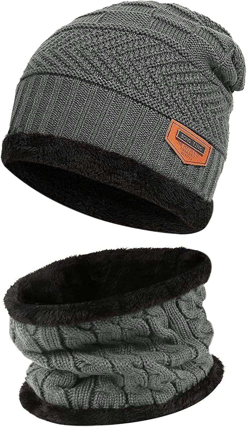 Kids Boys Girls Winter Warm Knit Beanie Hat Cap and Scarf Set with Fleece Lining Gray: Clothing, Shoes & Jewelry