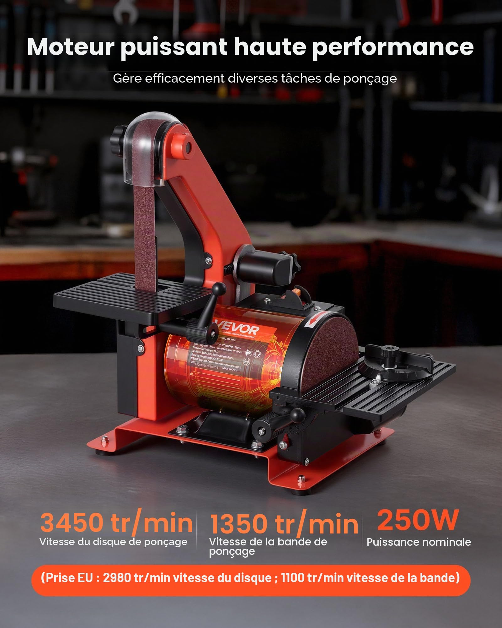 VEVOR Ponceuse à Bande et à Disque 250 W Bande Abrasive 25,4 x 762 mm Disque de Ponçage 125 mm Table de Travail Réglable 0-45° avec Port de Poussières pour Travail du Bois Rénovation Meubles Bricolage