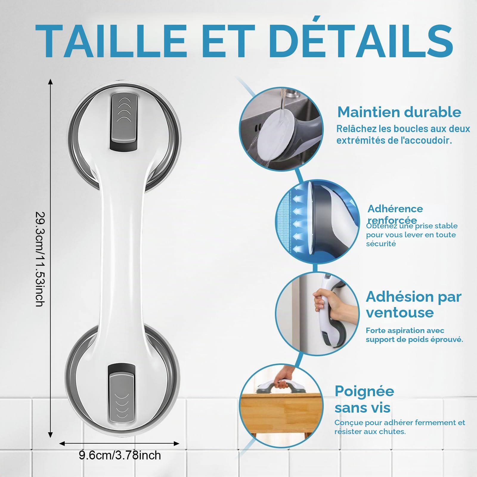 Poignées pour Personnes Âgées Ventouse Forte - 2pcs Poignées de Sécurité Salle de Bain, 110 KG Poignée de Sécurité pour Salle De Bain, Support Levage et Fixation Banc Douche et Toilette, Gris