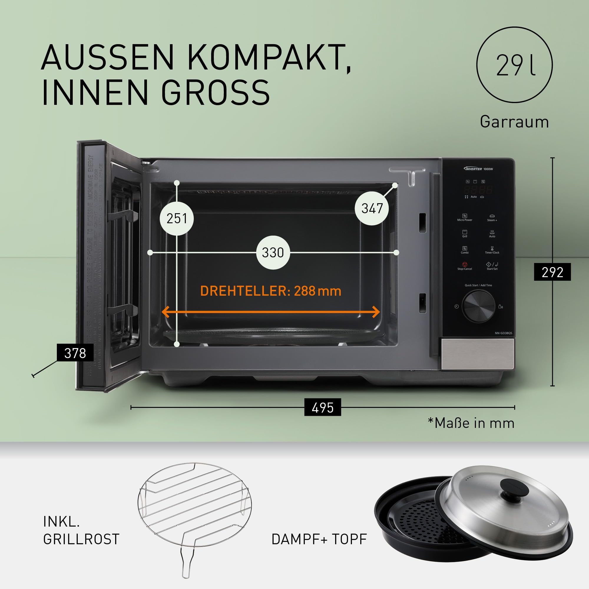 Panasonic NN-GD38QSEPG 29L Grill-Mikrowelle mit Steam+ Pot, 1000 W, automatisches Auftauen, Kombinationsgaren, Timer, Schwarz & Edelstahl