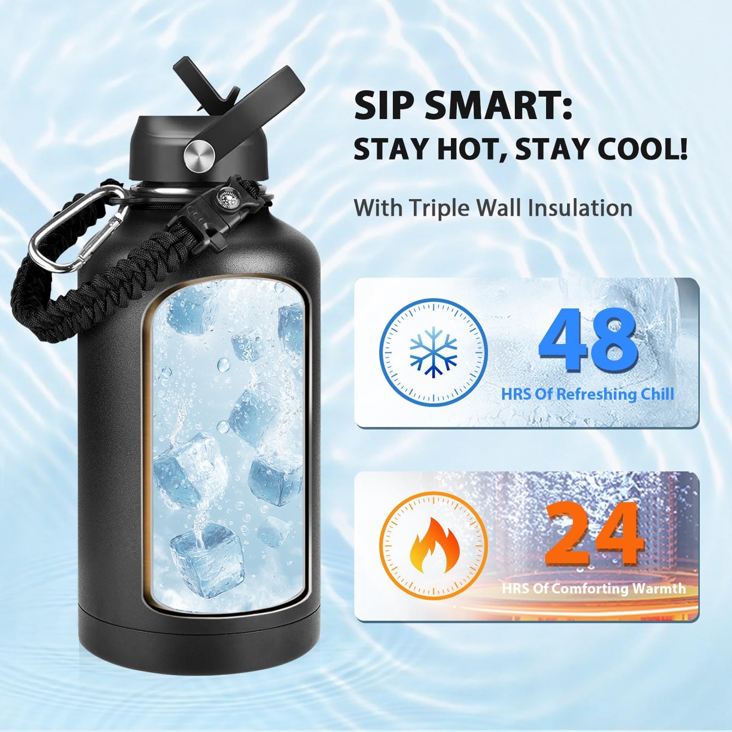 One Gallon Insulated Water Bottle, Triple Wall 128 oz Stainless Steel Wide Mouth Water Bottles (Cold for 48 Hrs), Leak Proof, Non-BPA, Large Water Flask Jug with Paracord Handle & Straw Spout Lids