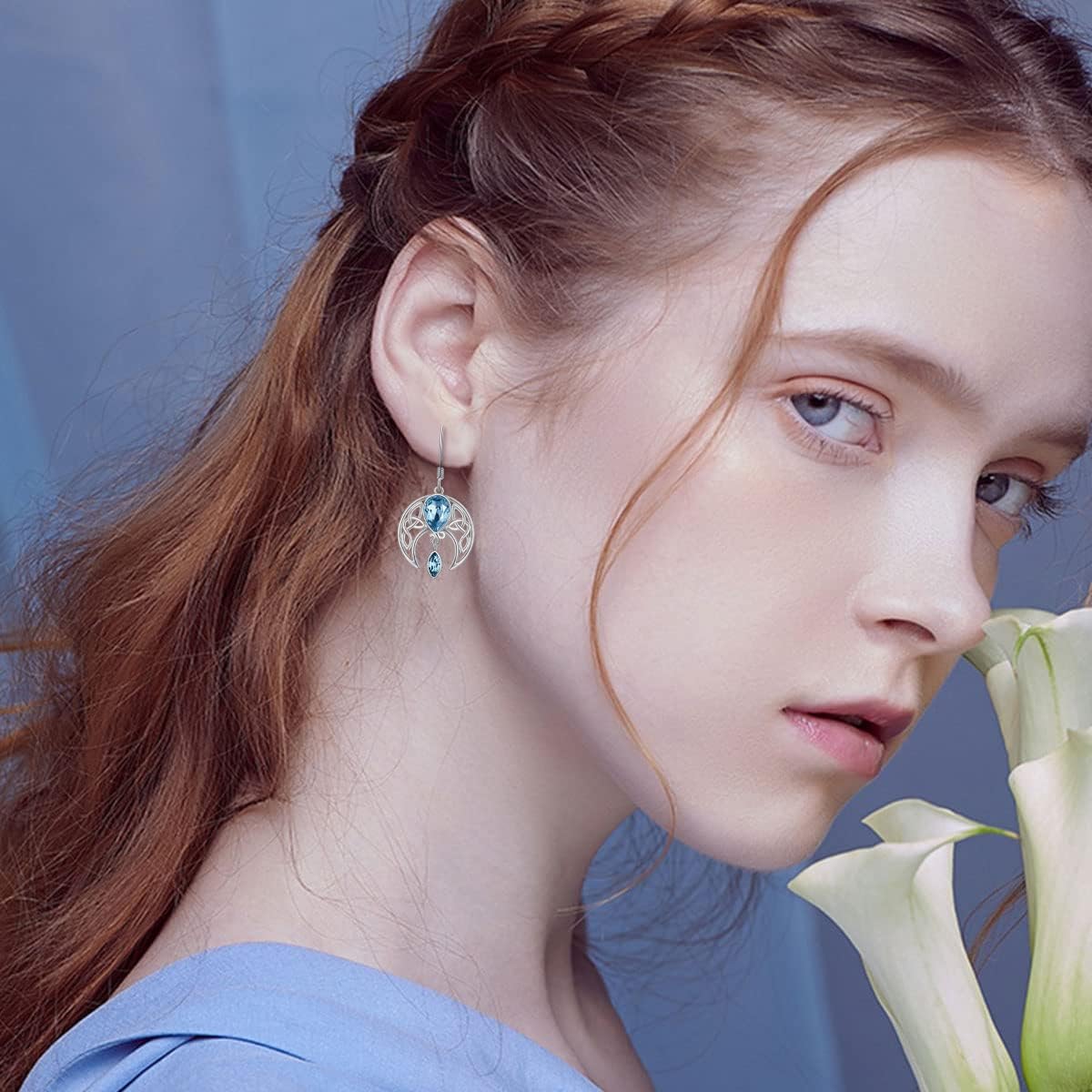 Celtic Moon Earrings 925 Sterling Silver Crescent Moon Leverback Dangle Drop Earrings with Simulated Birthstone Crystals Irish Jewelry Gifts for Women