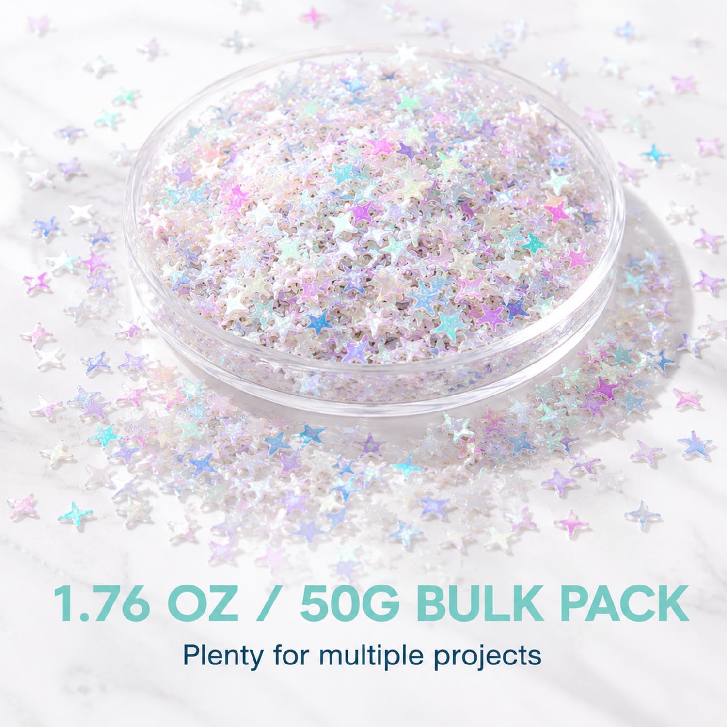 Holographic 4-Point Star Glitter for Nails, Resin & Crafts | Ultra-thin iridescent star sequins add shifting rainbow sparkle to nail art, resin, cards, tumblers and DIY crafts.