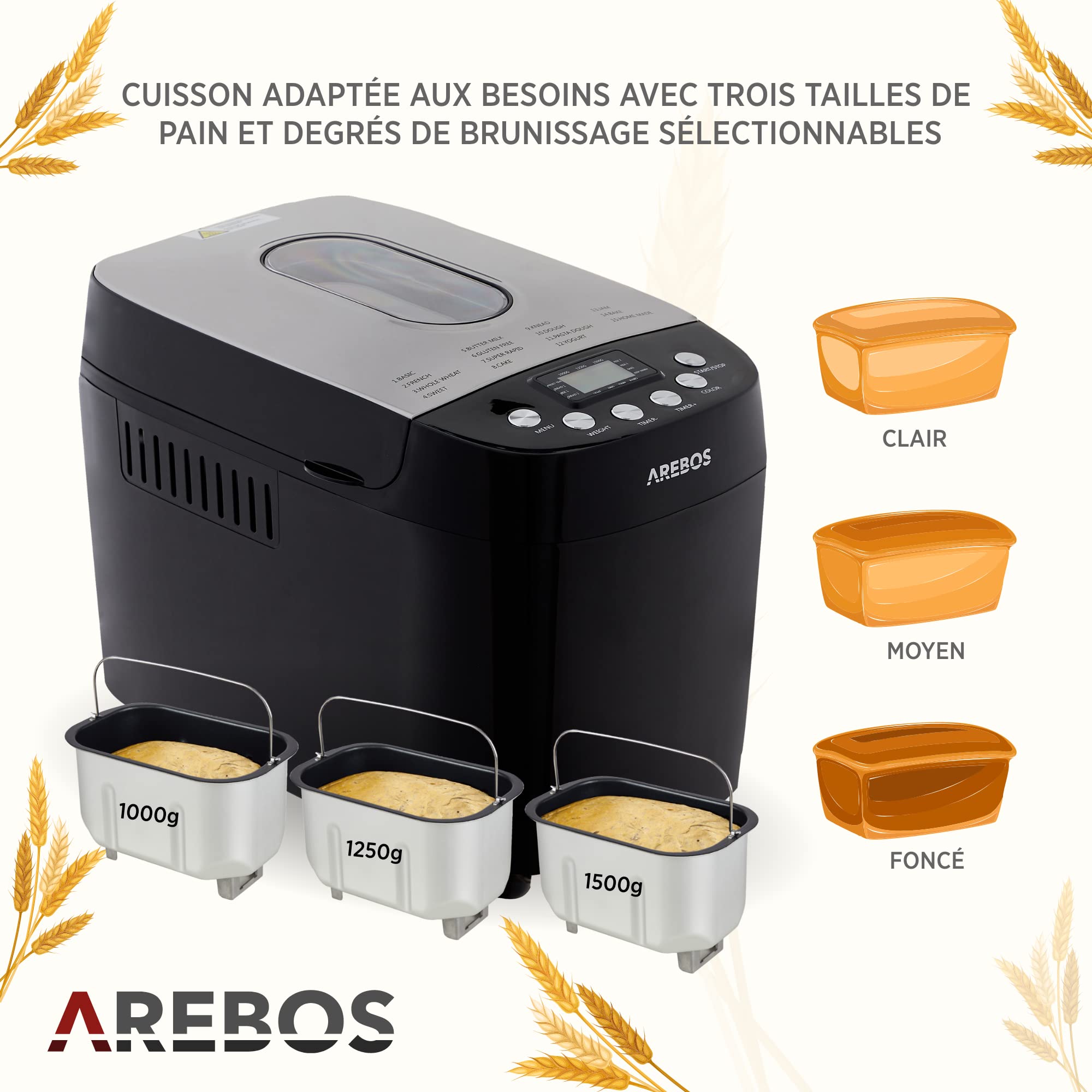 Arebos Machine à pain 1500 g 850 W Noir 15 programmes 2 crochets de pétrissage