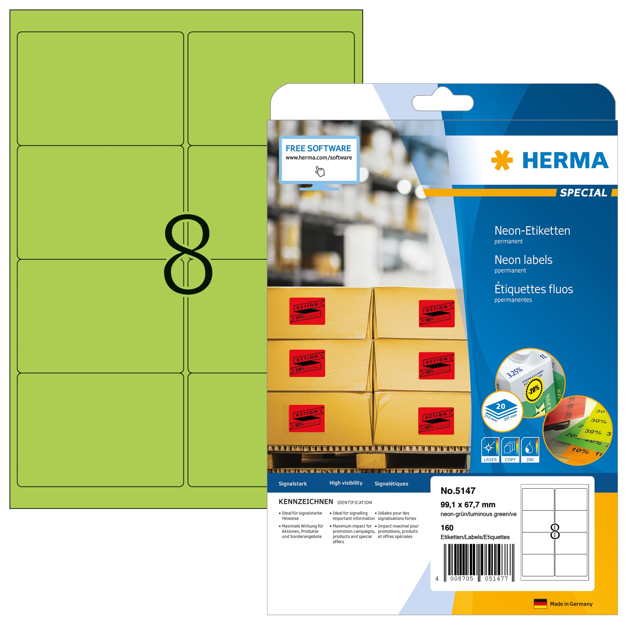 Herma 5147 - Pack de 160 etiquetas, 99.1 x 67.7 mm, color verde fluorescente
