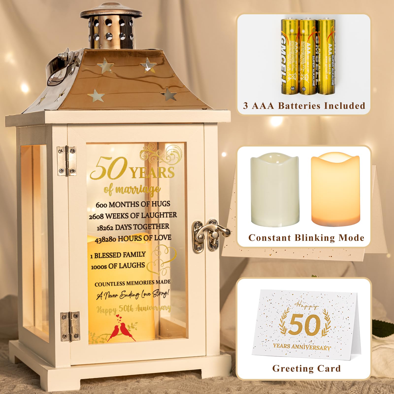 50th Wedding Anniversary Lantern, Happy 50 Years Anniversary Ideas Gift for Couple Parents Grandarents, Unique Marriage Keepsake Decoration for Wife Husband Friends Him Her