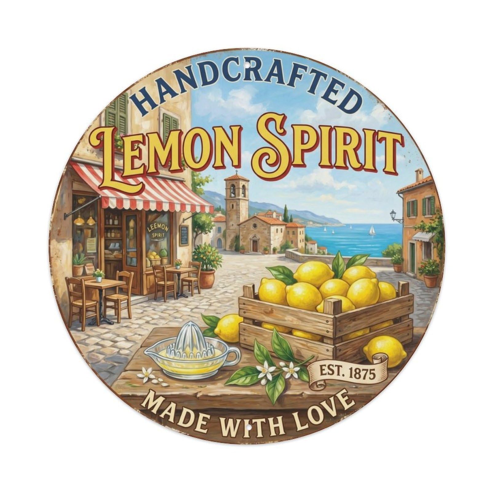 Fqcyn Style Artisan Limoncello Spirit Metal Tin Sign Plaque Wall Decor For Cafe, Club Bar, Office, Home Garden Round Metal Poster 8X8inch