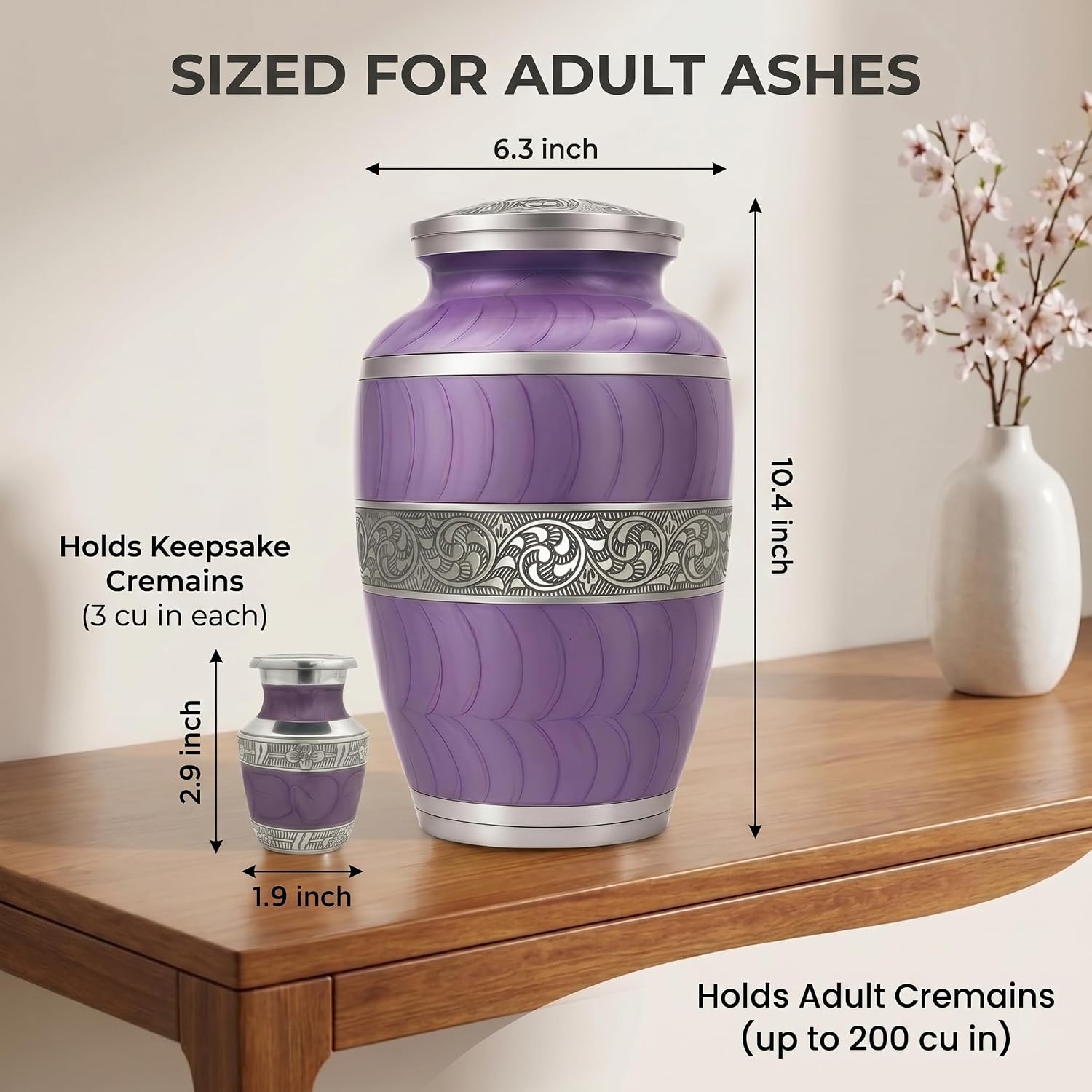 Cremation Urns for Human Ashes Set of 4 - Hand-Engraved Funeral Memorial Urn - Honor Your Loved One with a Timeless Urn for Adult Male & Female (Lavender)