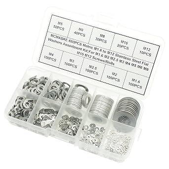 Metric M1.6 to M12 Flat Washers Assortment Kit,304 Stainless Steel,for M1.6 M2 M2.5 M3 M4 M5 M6 M8 M10 M12 Screws/Bolts