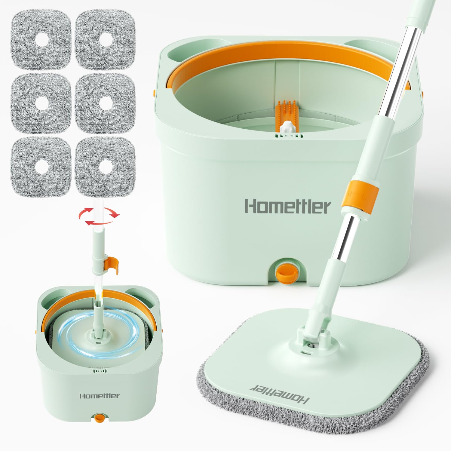 HoMettlerSpin Mop and Bucket with 6 Microfibra Replaceable Mop Pads, Self Separation Dirty and Clean Water System Self Wringing 360° Rotating Square Mop-Head (1 Bucket + 52'' Mop + 6 Microfibra Pads)