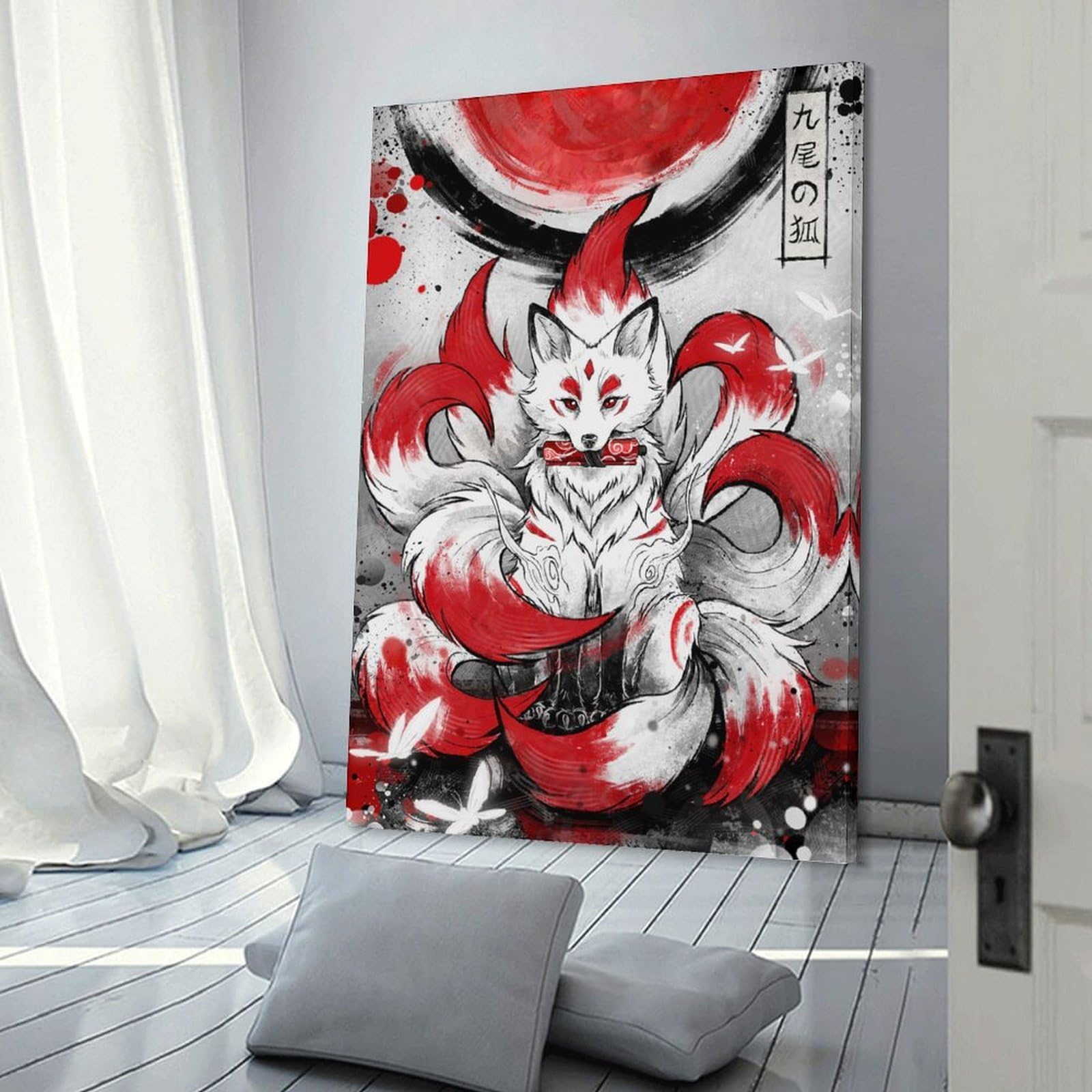 Junmoney Frame-Style-19 Nine-Tailed Fox Illustration Canvas Wall Picture 24X36inch(60X90cm), For Contemporary Homes, Apartments Or Offices, Wall Decor With Flexible Room Appeal