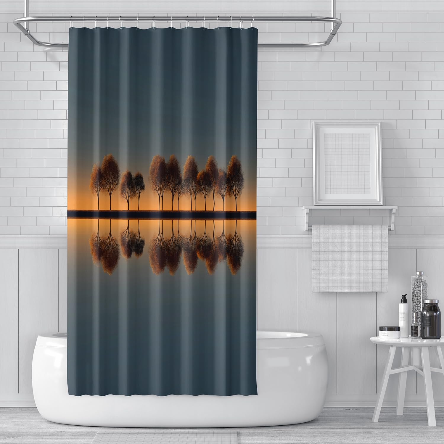 Cortina de Ducha con Paisaje Otoñal,Cielo Crepuscular Degradado con Siluetas de Árboles Dorados,con Ganchos de Plástico,Lavable a Máquina y Secado Rápido,Ideal para La Decoración de La Bañera
