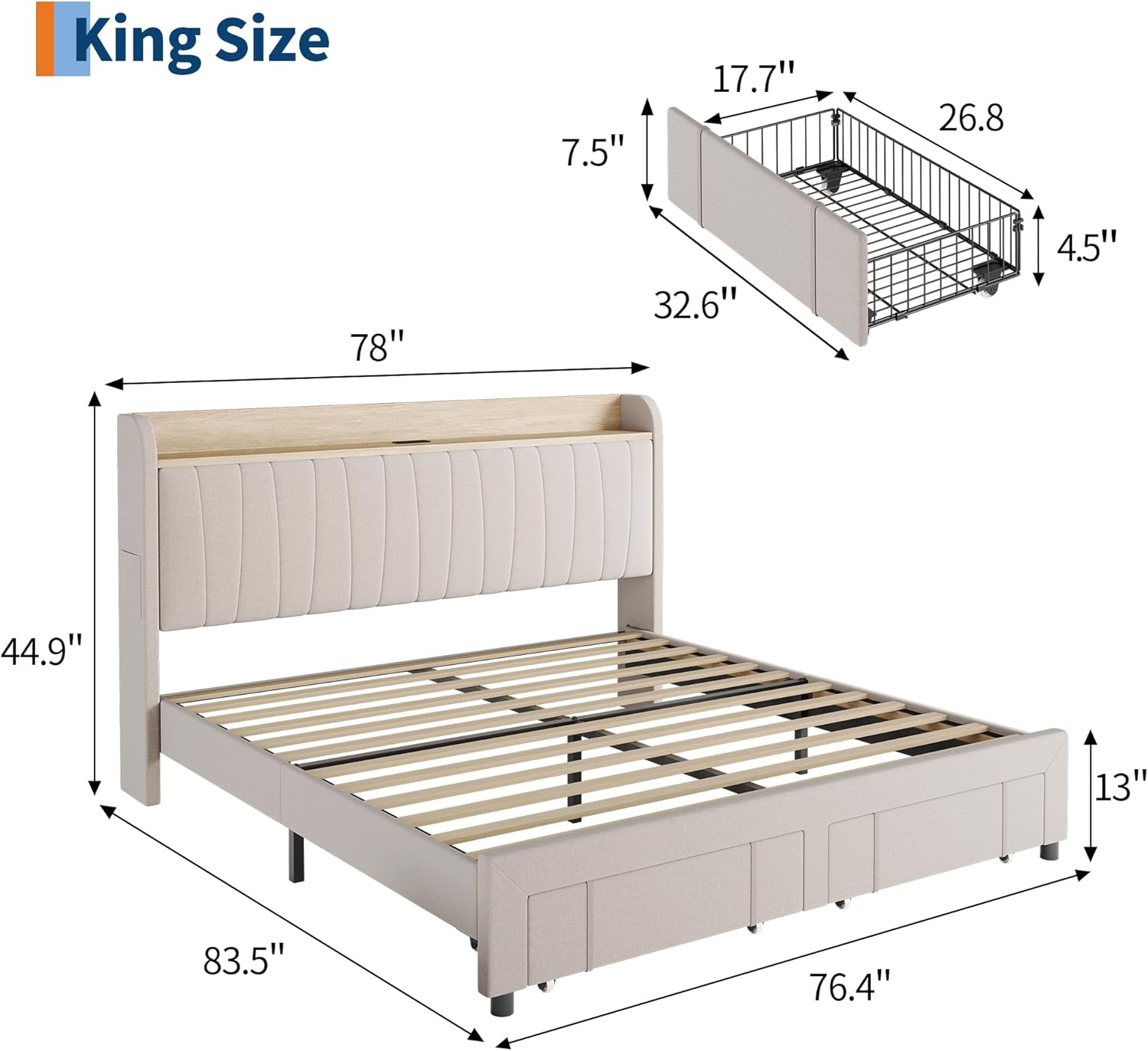 King Size Bed Frame, Upholstered King Bed Frame with Storage Headboard,Platform Bed Frame King Size with Drawers,Heavy Duty King Bedframe and Headboard with Charging Station,No Box Spring Needed,Beige