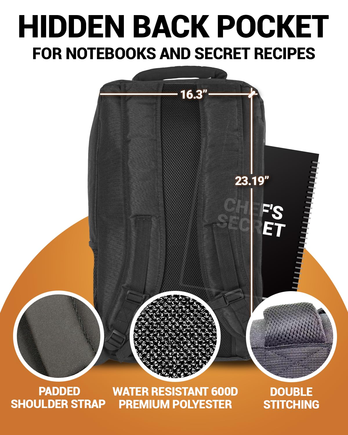 Chef Knife Backpack TRAVELLER - Patented Knife Retention Panels with Hook-and-Loop, Water Resistant 900D Polyester Canvas, YKK Zippers, Work Bag for Chefs & Culinary Students (Black) — Amazon image 5