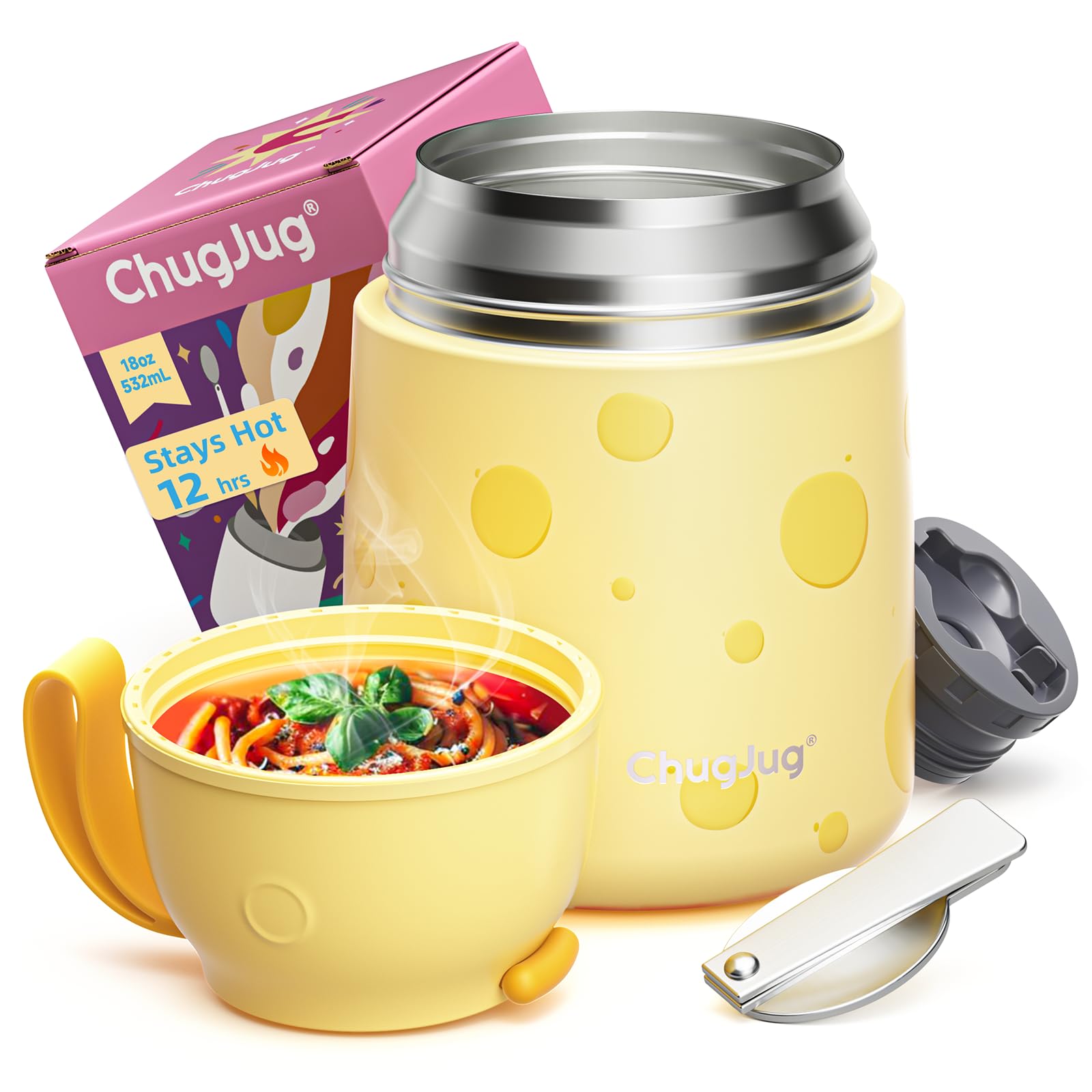 ChugJug Thermobehälter für Essen 750ml, Edelstahl Thermobecher für Essen Warmhaltebehälter mit Löffel, Auslaufsicher Lunchbox, BPA-frei, Thermobox Suppen, Müsli to Go-Hält 12 Stunden Heiß oder Kalt