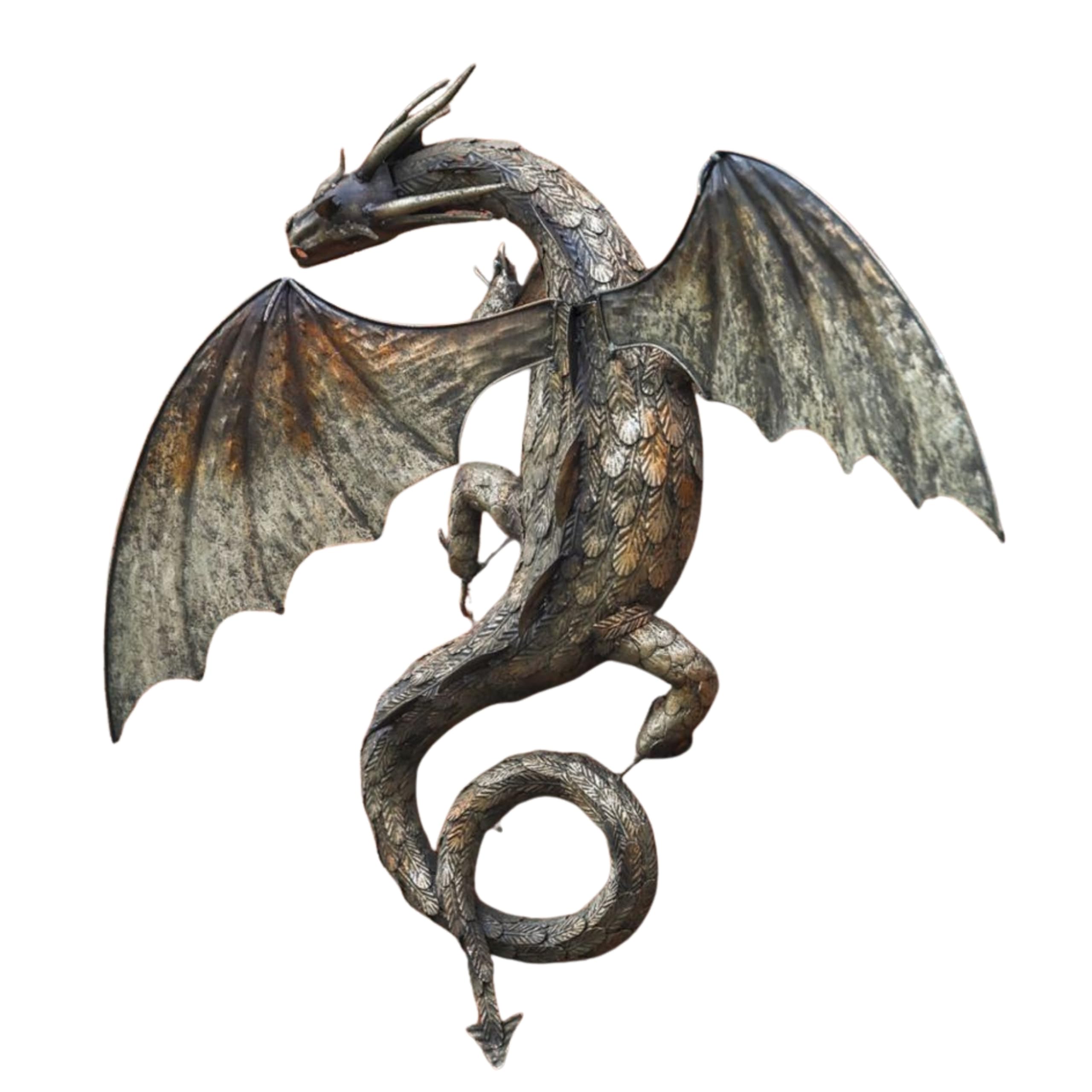 Left Facing 'Guardian' Burnished Metal Dragon Wall Art Garden Sculpture Elegant Outdoor Ornament Weather Resistant Heavy Metal Statue