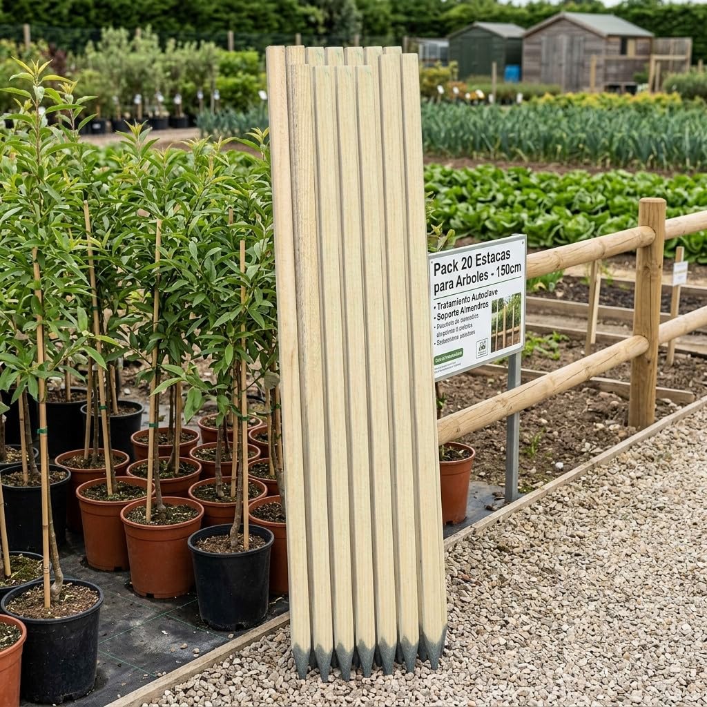 Suinga Pack 20 Estacas para Arboles 150 cm Ø 3 cm | Tutores con Punta | Poste para Vallas, Jardin y Plantas | Poste de Madera | Soporte para arboles