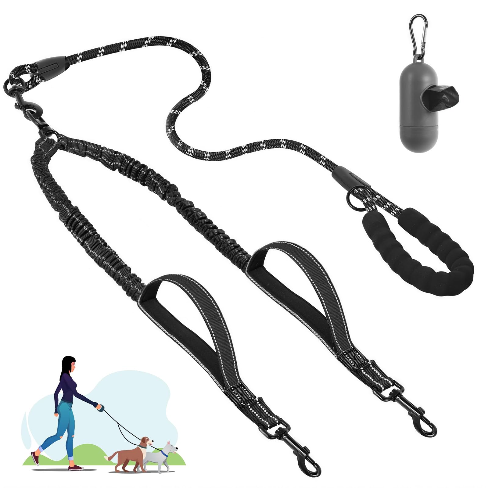 Double Dog Lead,Safety Handle Double Dog Lead for Walking 2 Dogs No Tangle,360° Tangle-Free,Thickened Design,Reflective,Double Dog Leash for Medium & Large Dogs(Black-L)