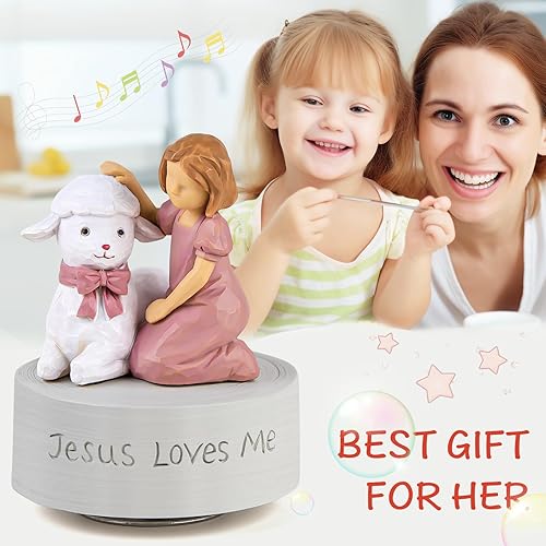 Miniatura 7 de Jesus Loves Me - Caja de música, figura musical de bautismo para niñas con cordero, regalo religioso pintado a mano para bebé cristiano, bautizo,