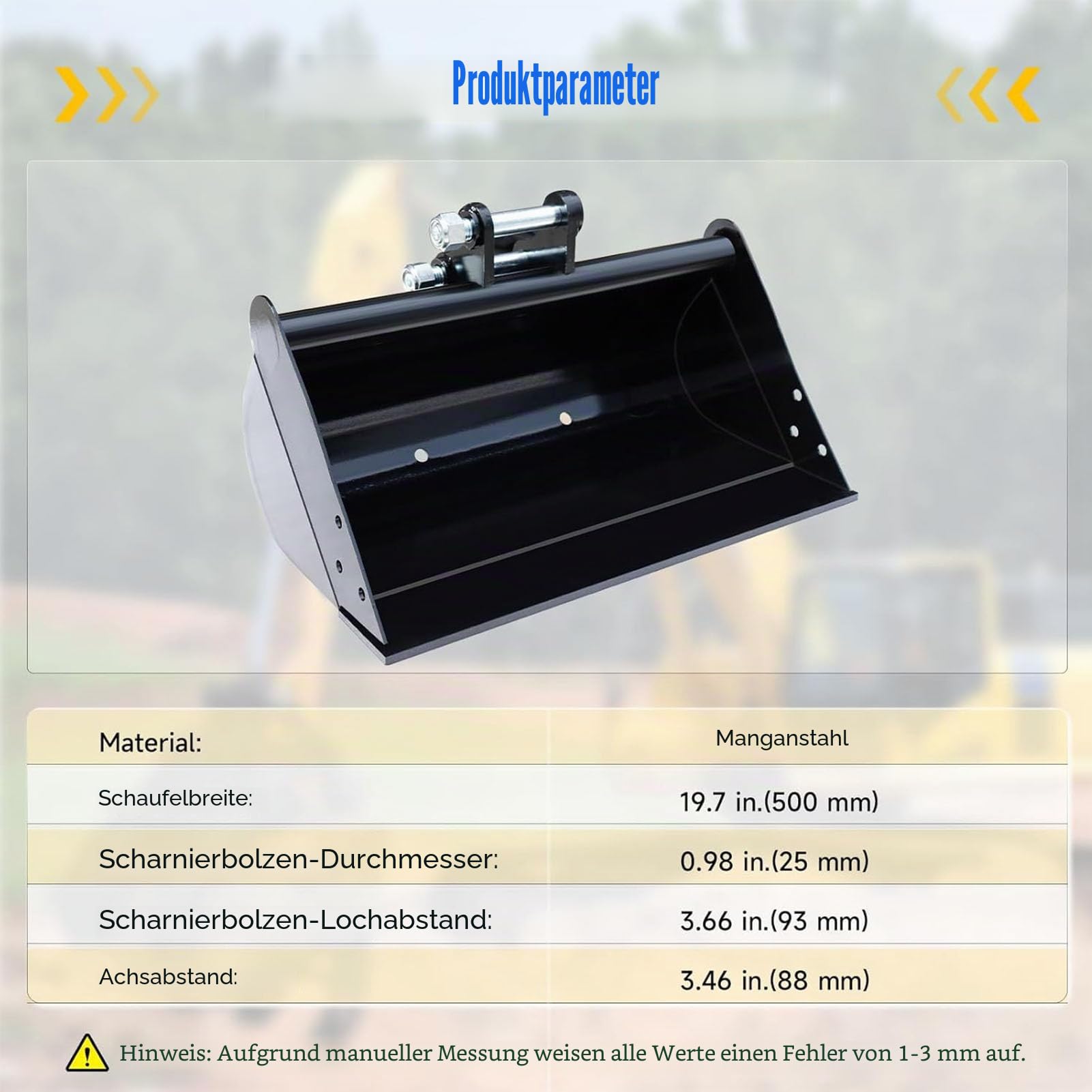 Grabenräumlöffel 500 mm ohne Zähne – für Minibagger 1–2 t | Aufnahmebreite 90 mm, Lochabstand 90 mm, 2 Bolzen Ø25 mm, verschleißfester Manganstahl, für Sand Erde Planieren und Räumen