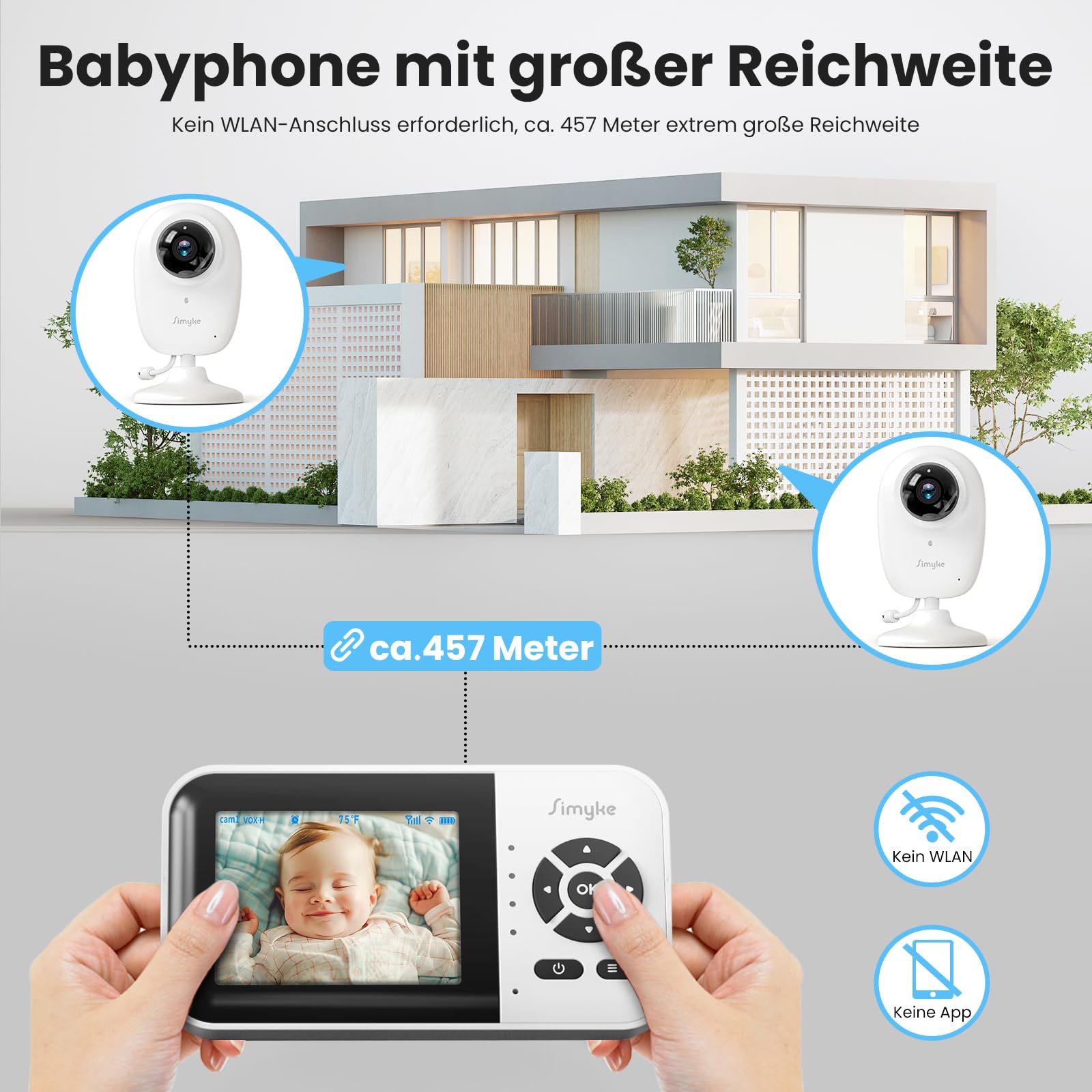 Simyke Smart BabyMonitor 1080p with 2 Camera, WLAN On/Off Schalter, WiFi Remote Access, 1500ft Long Range, 2-Way Talk, Sound Alert, Temperatursensor, Lullabies Fütterung