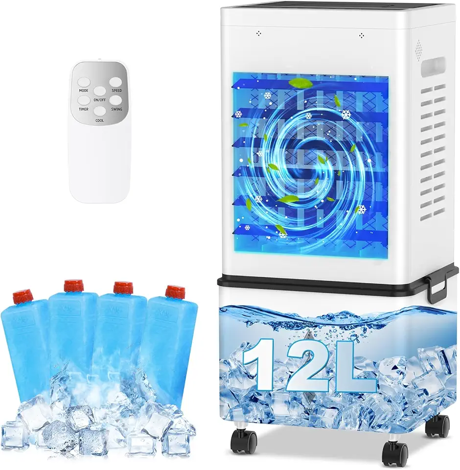 Climatiseur Mobile, 12 L Refroidisseur d'Air Évaporatif avec Télécommande, 6 Vitesses et 2