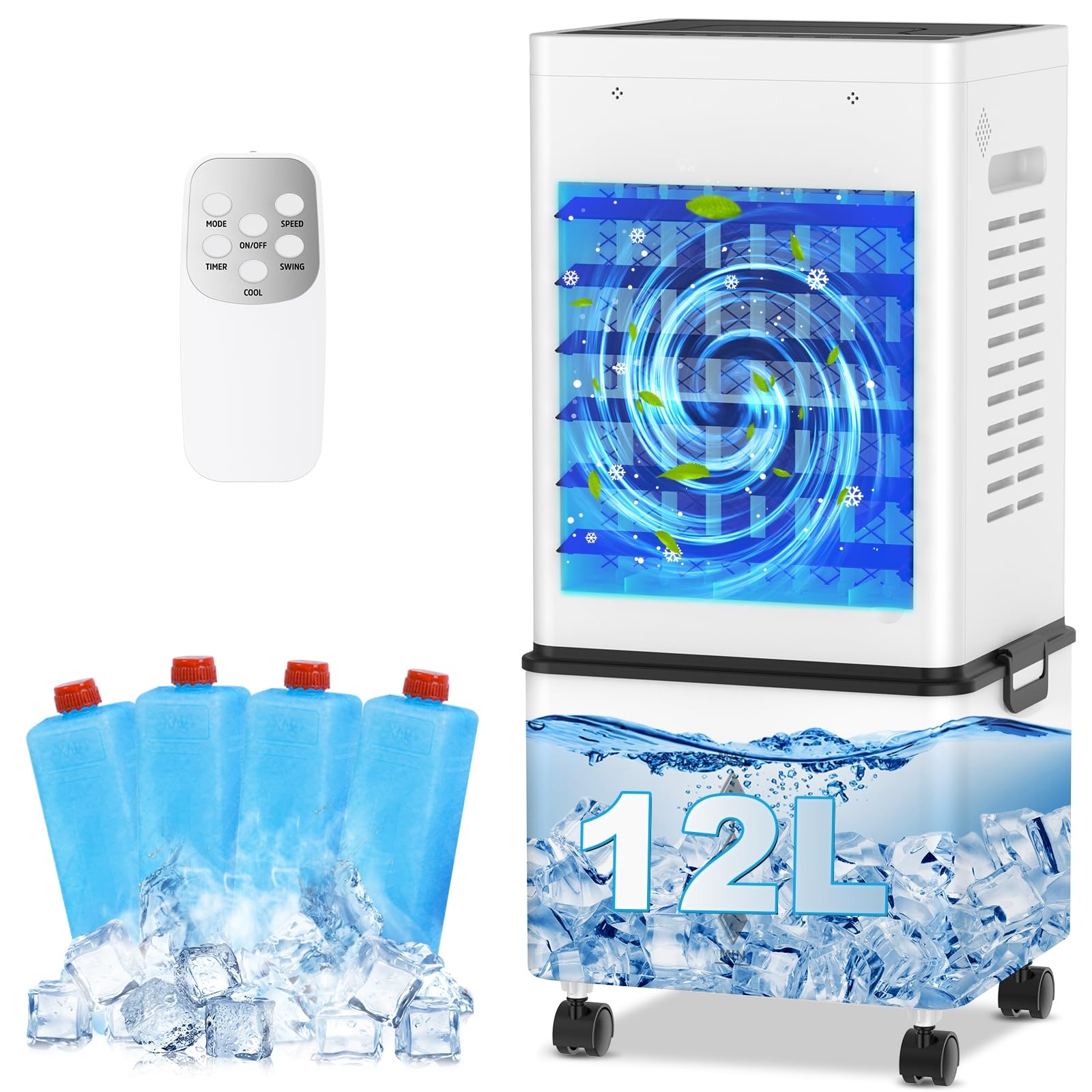 Portable Air Conditioner, 12L Evaporative Air Cooler with Remote, 6 Speeds & 2 Modes, 24H Timer, 45W Energy Saving, Mobile Air Conditioning Unit with Wheels for Home Office Bedroom Kitchen