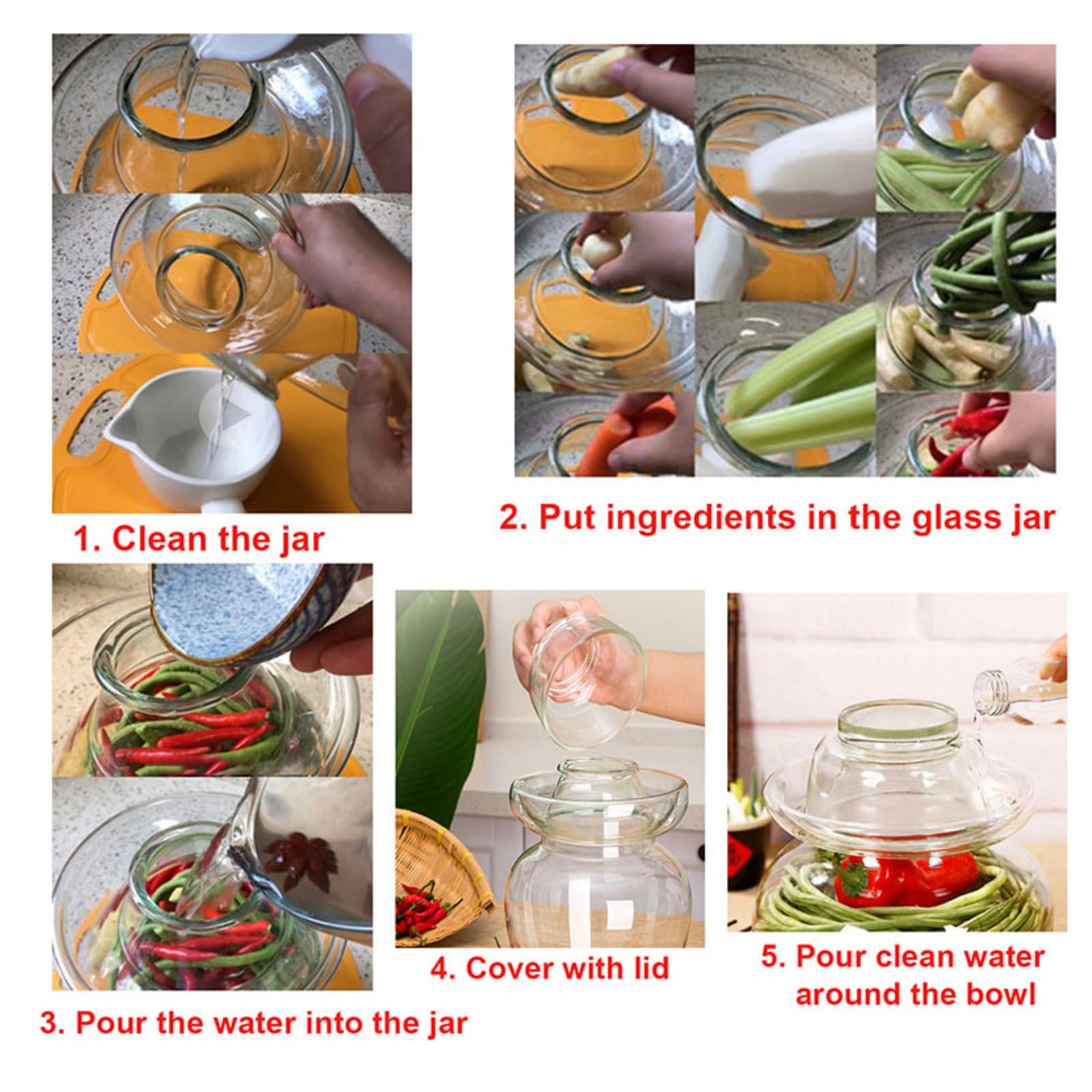 Barattolo di fermentazione da 5 l, kit di fermentazione con guarnizione ad acqua, barattolo di vetro con coperchio, barattoli per sottaceti, kimchi, crauti, kombucha, conserve, fermentazione