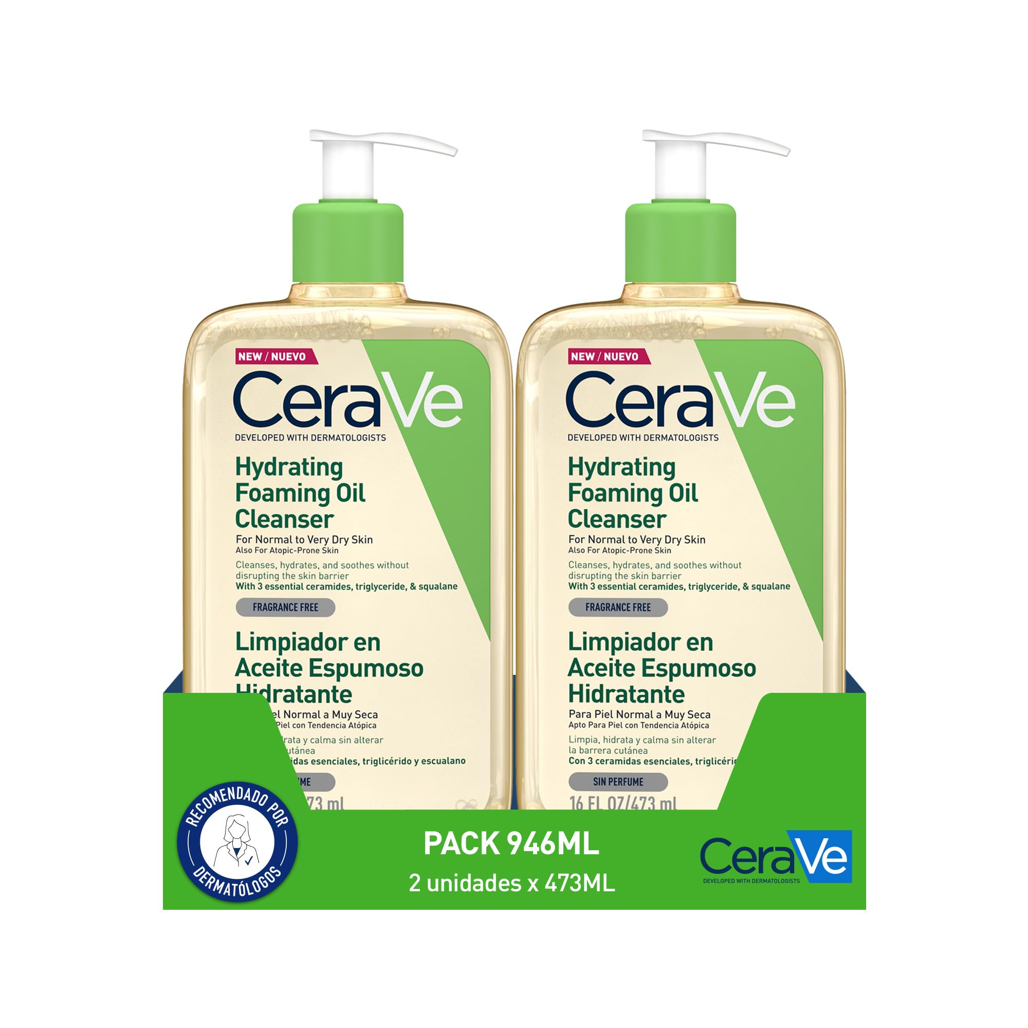 CeraVe Limpiador en Aceite Espumoso Hidratante 2x 473ml, Para Pieles Normales a Muy Secas con Tendencia Atópica, Para Rostro y Cuerpo, Limpia e Hidrata, Enriquecido con Ácido Hialurónico, 473ml
