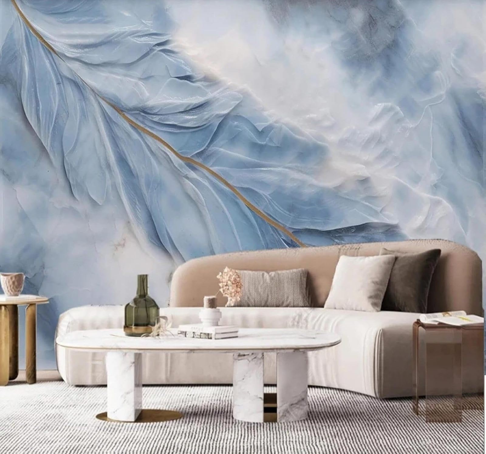 XLMING Creative Relief Blue Feathers Faux Marble 3D Wallpaper Luxury Silk Study Dining Feature Sofa Grey Bedroom Living Room Tv Decorative Wall-300cm×210cm