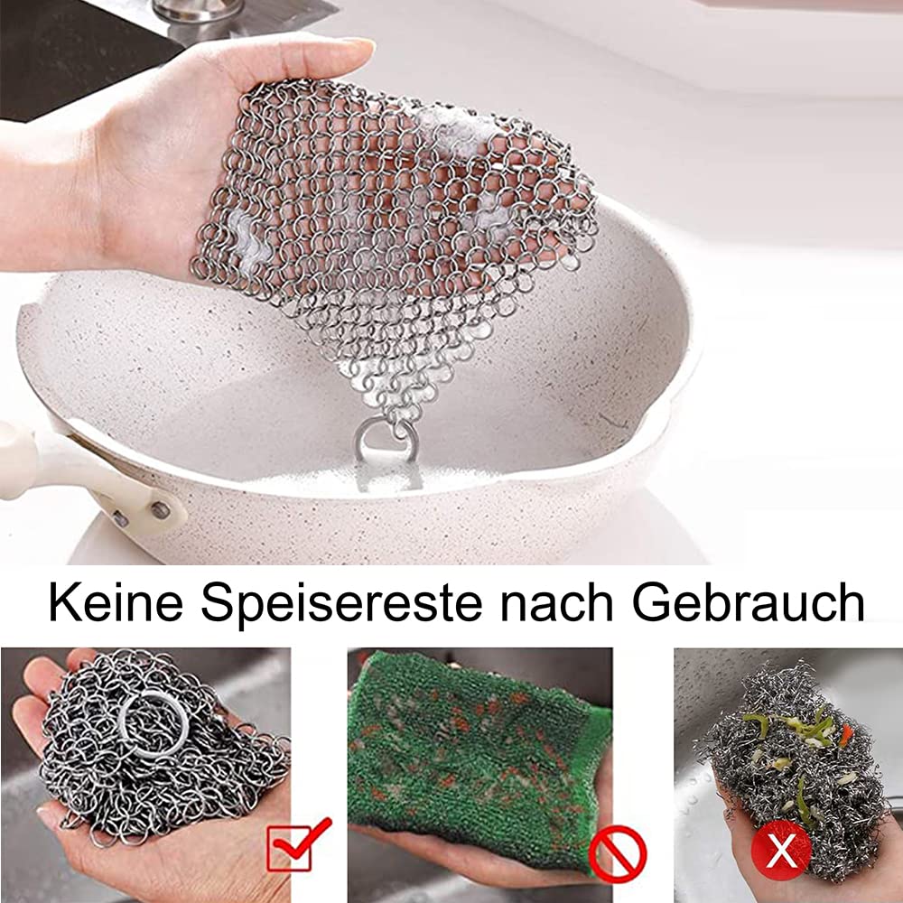 Ringreiniger Dutch Oven, Gusseisen Reiniger, Grill Bürste Reinigungsset, 316 Edelstahl Kettenschrubber, Topfreiniger mit Schaber, BBQ Dutch Oven Zubehör für Gusseisen Pfannen, Töpfe, Grillpfannen,Woks