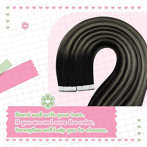Miniatura 6 de YoungSee Extensiones de cabello con cinta color negro, degradado, gris, plateado, balayage, extensiones de cabello humano real, color negro, sin