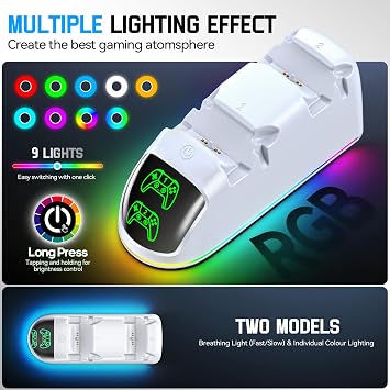 RGB PS5 Charging Station 2 Pieces Fast PS5 Charger for PS5 Original & Edge Controller with LED Indicators & 9 RGB Lighting PS5 Controller Charging Station for Playstation 5 Accessories White