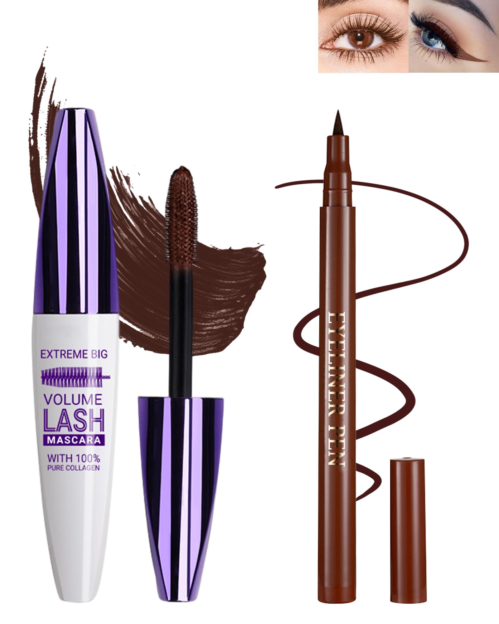 Brown Waterproof Mascara & Eyeliner Set, 5D Silk Fiber Liquid Lash Extensions Colored Tubing Mascara Volume and Length