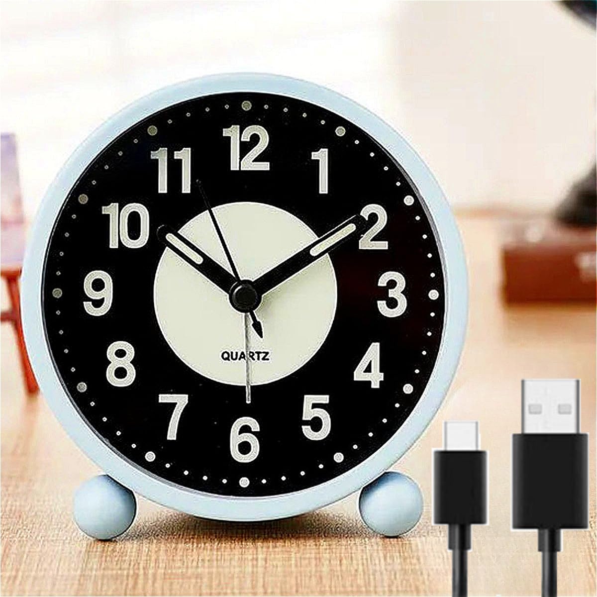 EBILUN Silent Bedside Alarm Clock Non Ticking Glow-in-the-Dark Bedroom Clock USB Rechargeable(Blue Rechargeable)