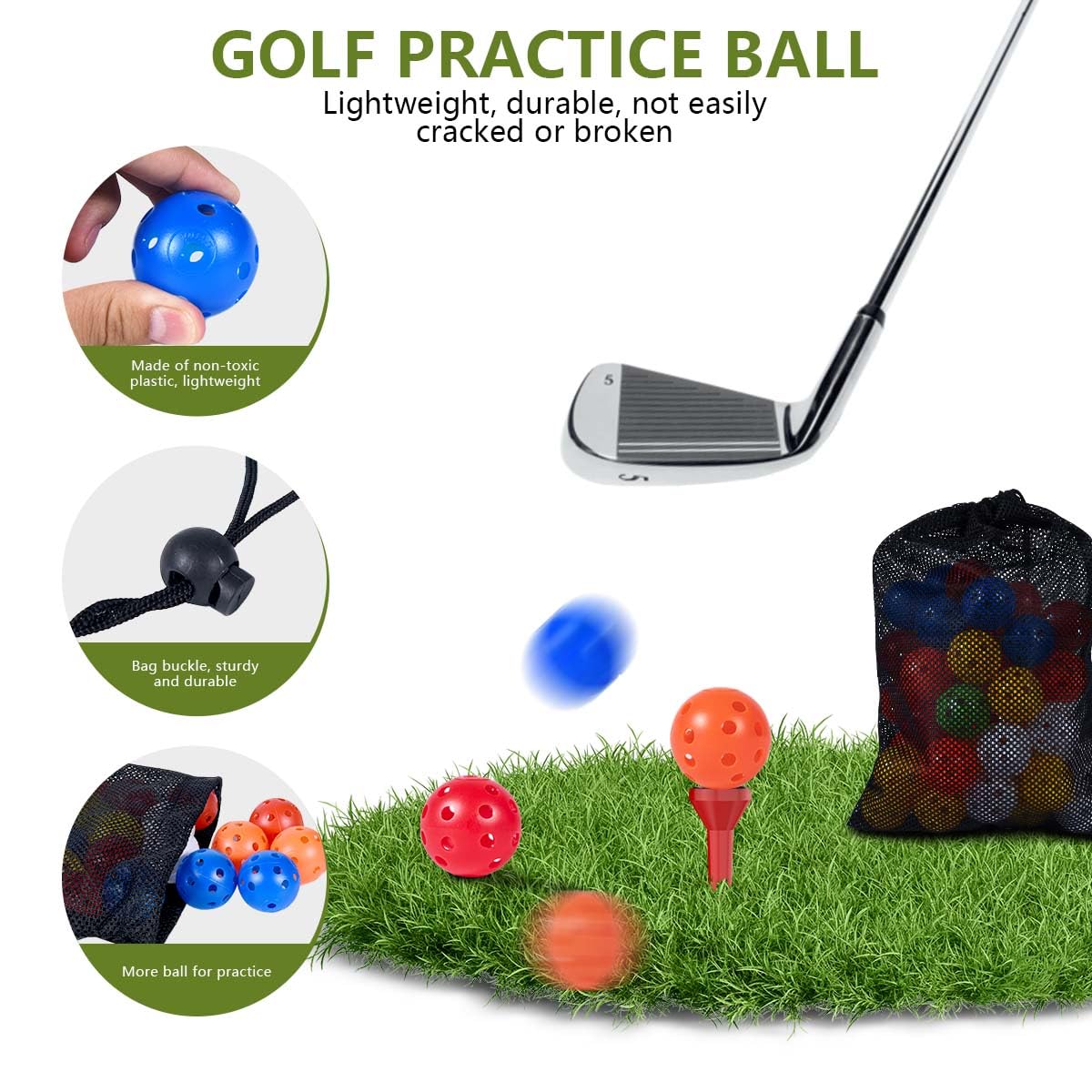 KISEER 90 Stück bunte Kunststoff-Übungs-Golfbälle, Luftstrom, hohl, Trainings-Golfbälle mit Nylon-Netz-Golfball-Taschen für Driving Range, Swing Praxis, Outdoor oder Zuhause