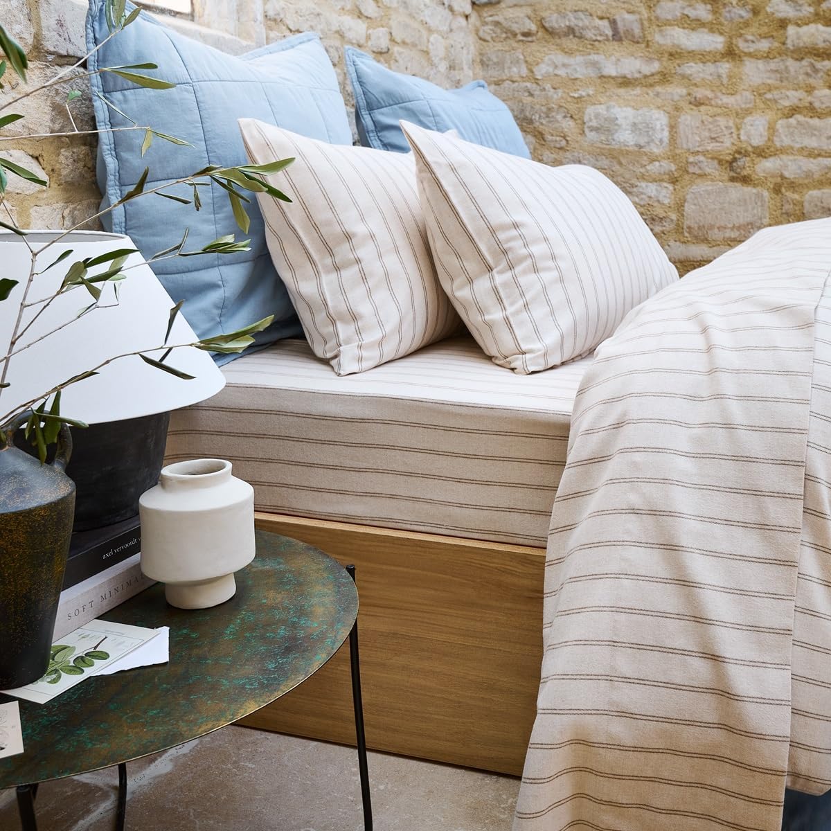 Christy Flannel Stripe Queen Sheet Set Brushed Cotton | Luxury Bed Linen | Super Soft and Silky Finish | Oat Beige