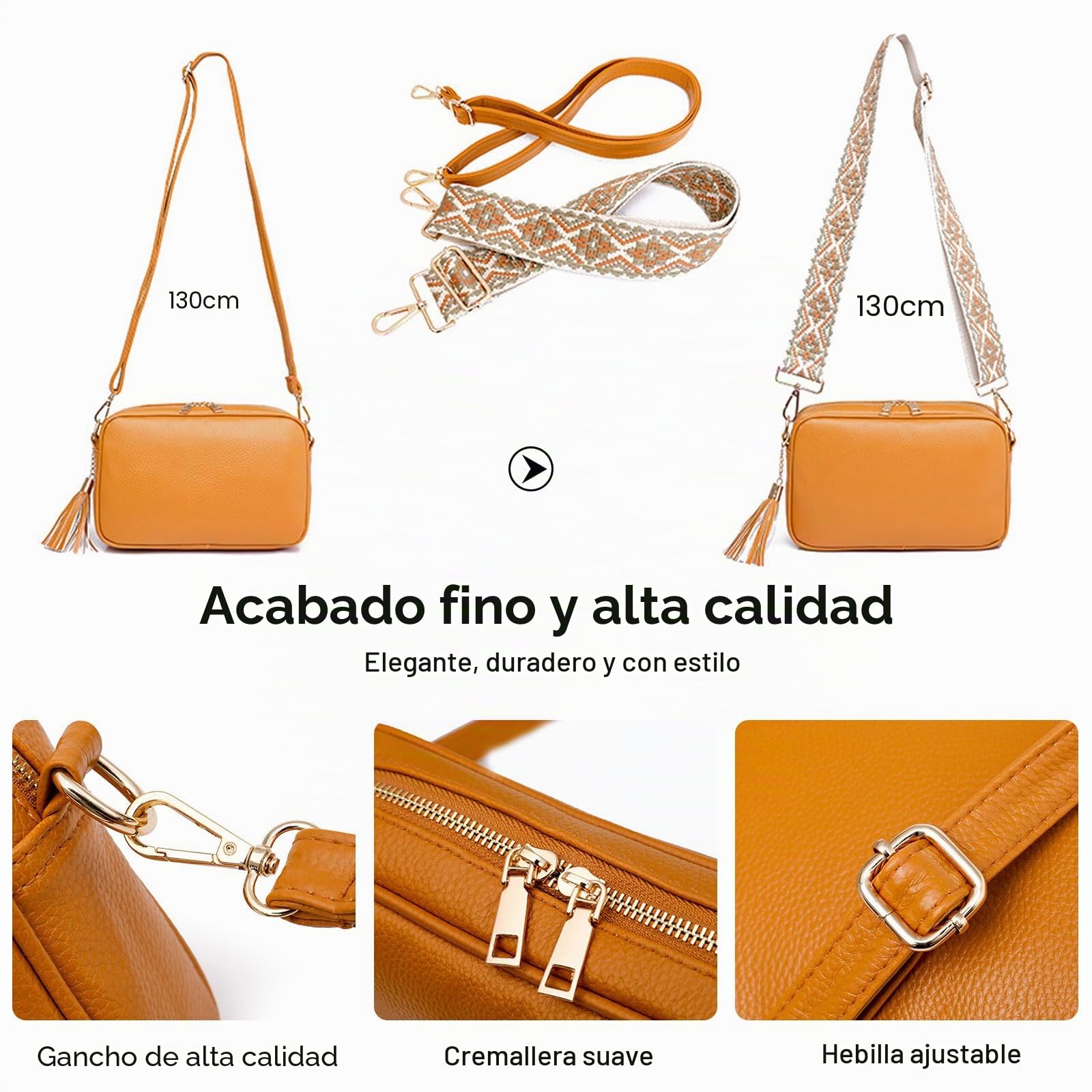 FANDARE Bolso Bandolera Mujer Bolso de Hombro PU Cuero Moda Bolsos Bandolera Elegante Bolso de teléfono Decoración Borla para el Hombro Bolso de Monederos Bolsa de Honda con Dos Correas Blanco