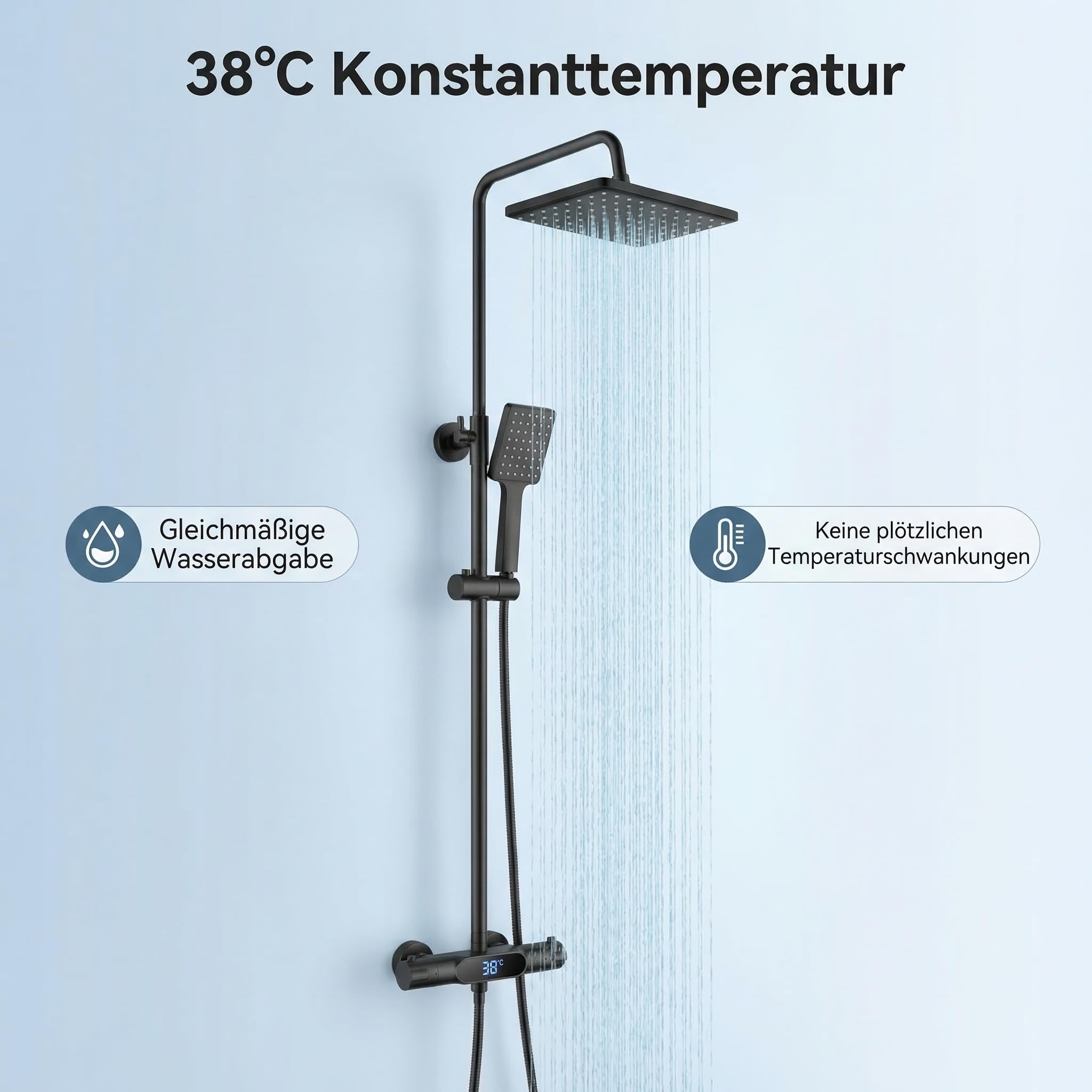 Columna ducha negra, YOOZENA Columna Ducha Termostática, Duchas de Baño Columna Altura Ajustable, Ducha Lluvia 26x19cm, Alcachofa de Ducha con Manguera, Cuadrado