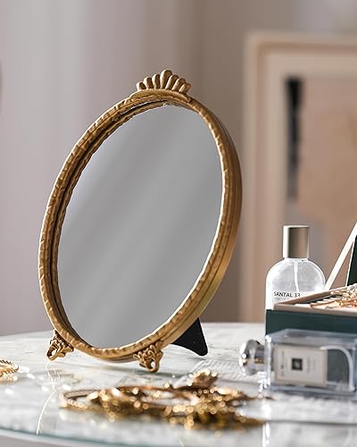 Miniatura 8 de Espejo de tocador pequeño de estilo barroco vintage para montar en la pared, marco ovalado de hierro, espejo de mesa de vidrio, 11.0 pulgadas de