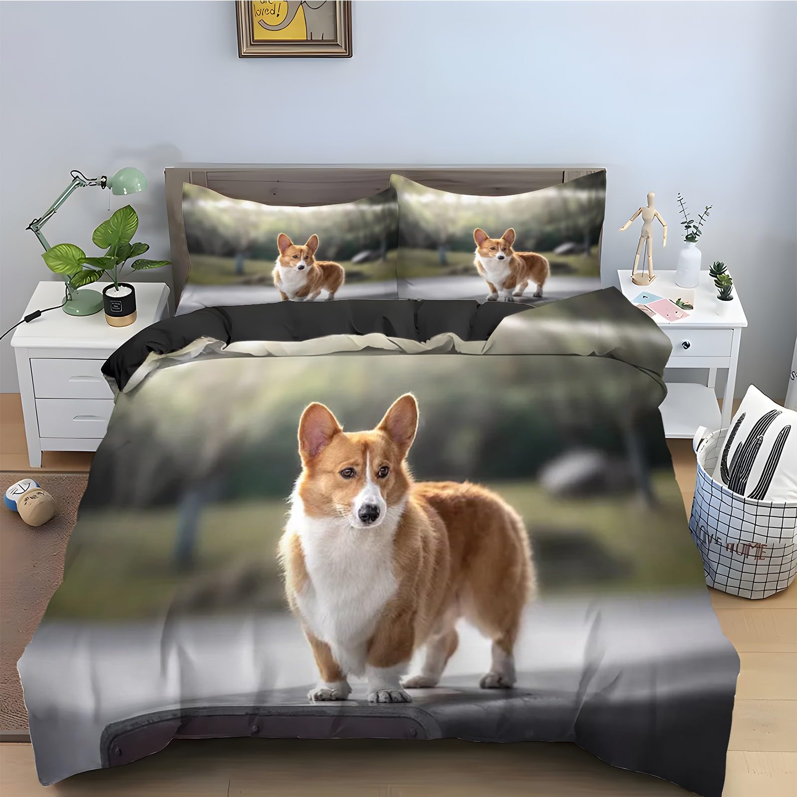 Housse de couette 200x200 corgi avec 2 taies d'oreiller en microfibre douce