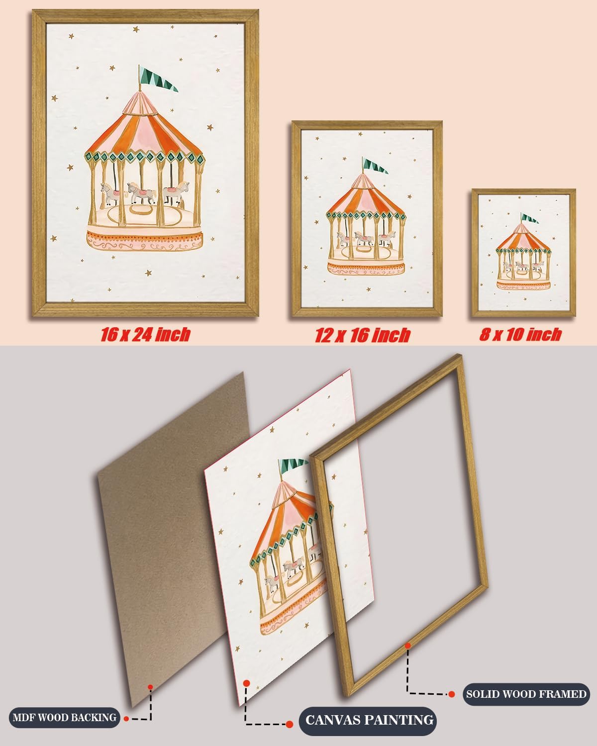 Wood Framed Carousel Wall Art, Nursery Wall Decor Paintings for Baby Girl Room, Cute Merry-Go-Round Canvas Print Poster, Whimsical Kids Room Artwork, Toddler Playroom Bedroom Decoration 8x10 Inch image 3