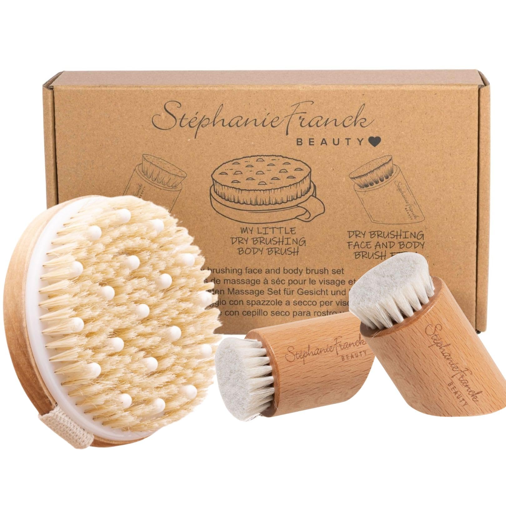 Brossage à Sec Visage et Corps – Coffret 3 Brosses Exfoliantes en Poils Naturels – Brosses Visage Douce Peau Sensible – Brosse Corps Massage – Bois Hêtre & Cerisier