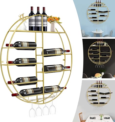 Miniatura 4 de Gdrasuya10 Estantes de vino dorados montados en la pared, moderno estante colgante de metal para botellas de vino para 12 botellas y 4 tazas de
