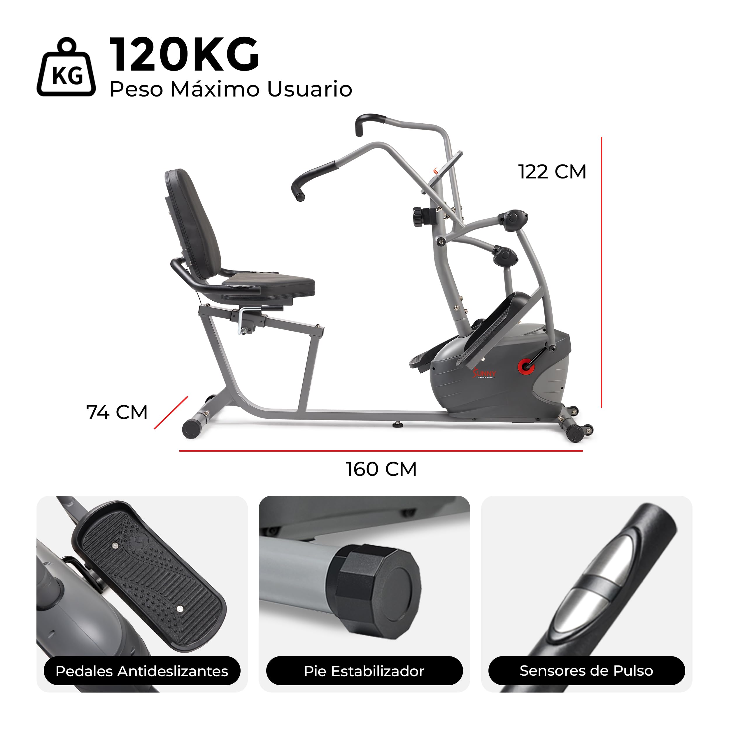 Sunny Health & Fitness Performance Bicicleta elíptica interactiva reclinada con exclusiva aplicación SunnyFit® y conectividad Bluetooth inteligente — SF-RBE420035