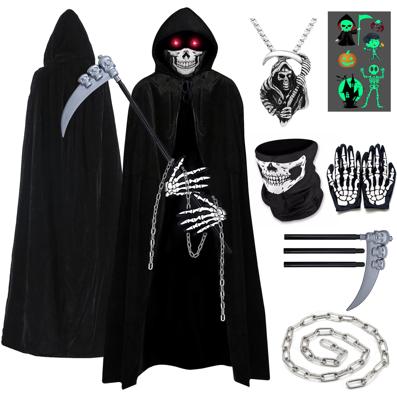 ATOWORLD Halloween Grim Reaper Costume Kids Boys 5-6 6-7 Skeleton Kids Girls Grim Reaper Cloak Black Halloween Scythe Grim Reaper Cape Scream Costume Mask Gloves Grim Reaper Outfit Skeleton Necklace